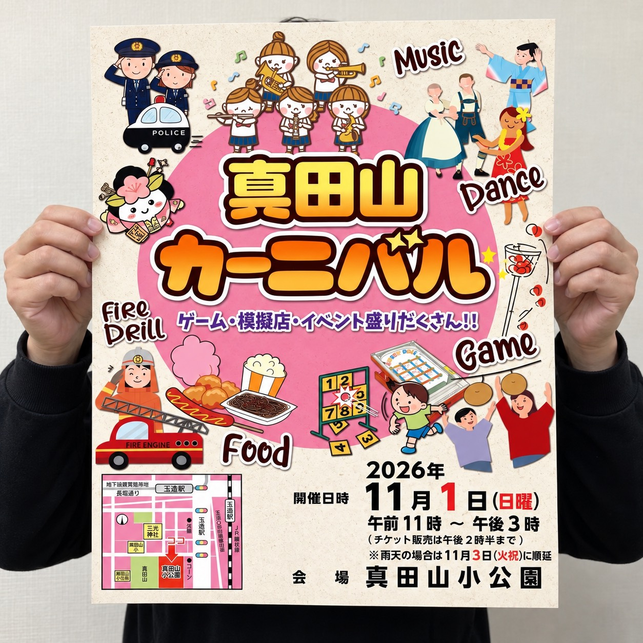真田山カーニバル2026の案内。11月1日(日)午前11時から午後3時、真田山小公園で開催。雨天は11月3日(火・祝)に順延。